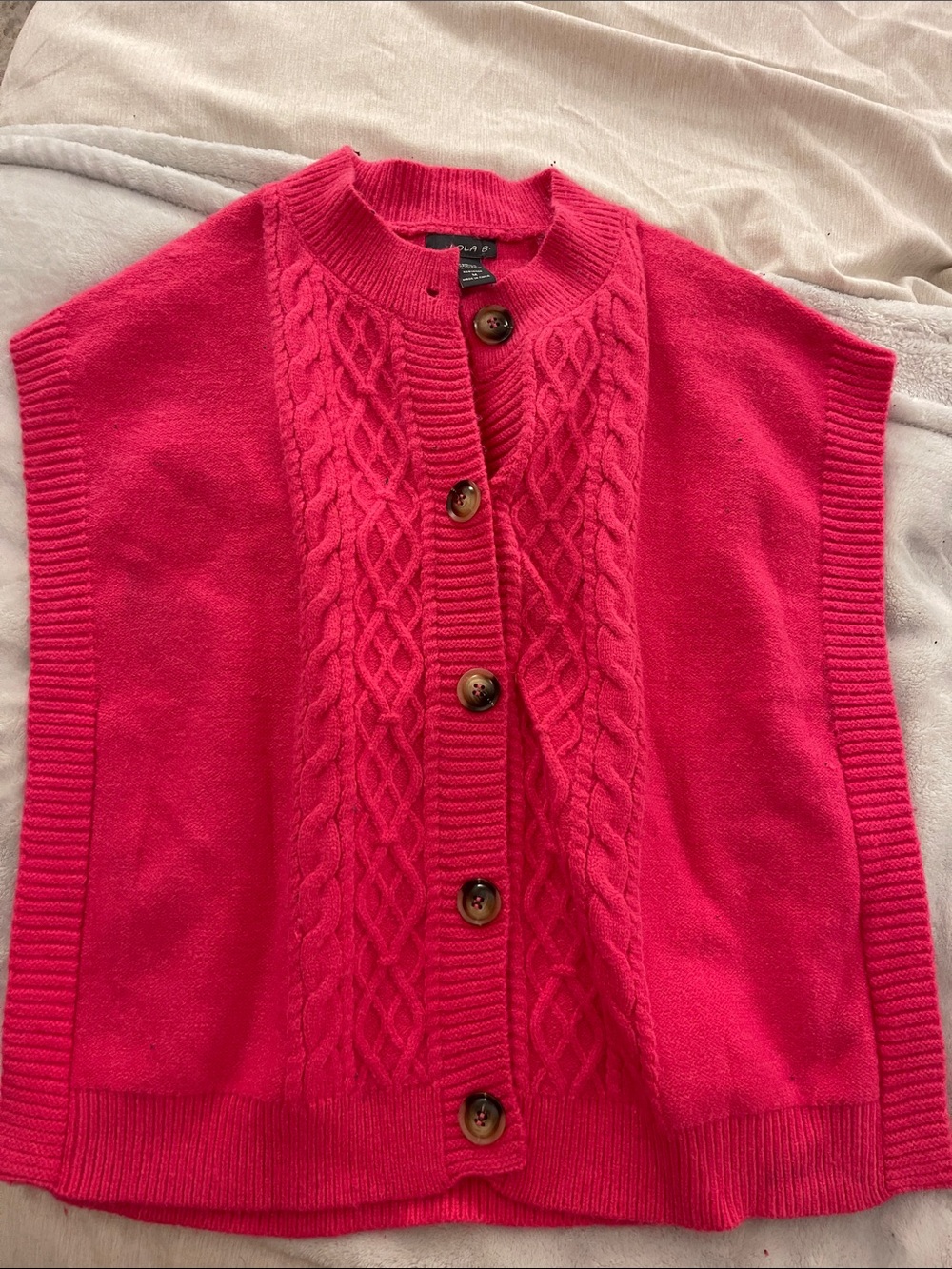 Bright Pink Cable-Knit Button Front Cardigan Vest